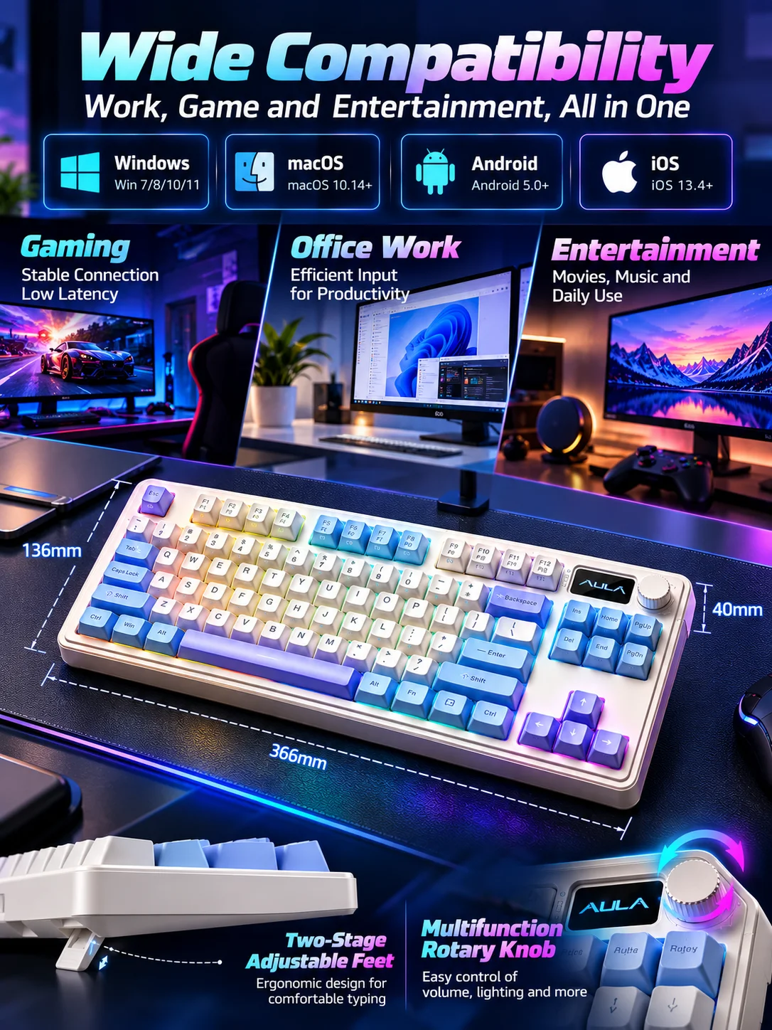 AULA S3187 Wireless Mechanical Feel Keyboard 84 Keys Tri Mode Bluetooth 2.4G USB-C RGB 1800mAh Gaming Keyboard