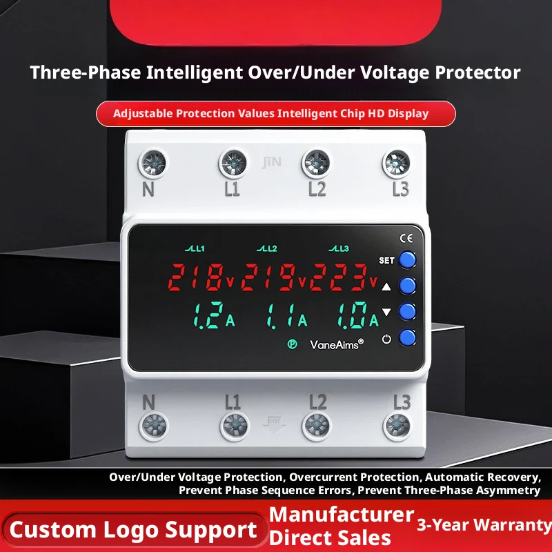 Intelligent 3-Phase 4-Wire Voltage & Current Protector, AC120–300V, 1–63A, Real-Time LCD Display, Auto Reset, DIN Rail Mount