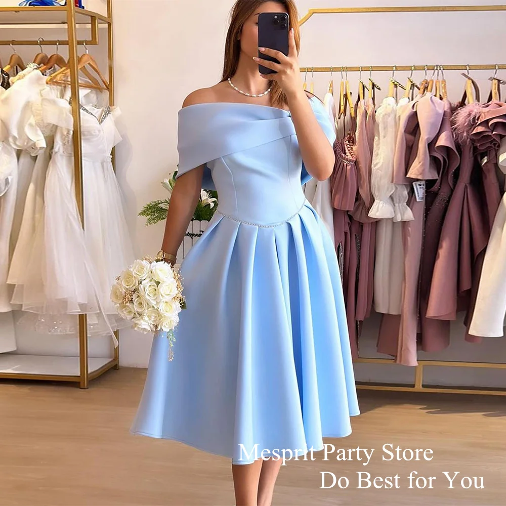 Sky Blue Satin Cocktail Gown Off The Shoulder Boat Neck Beading A Line Pocket Evening Party Dresses for Wedding Short Prom Dress