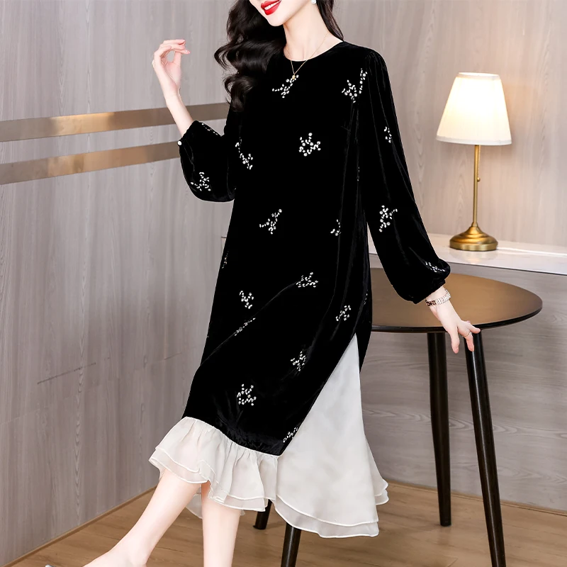 2024 Black Velvet Patchwork Pearl Mesh Long Sleeve Dress Autumn Winter Luxury Party Vestidos Women Korean Vintage Hepburn Dress