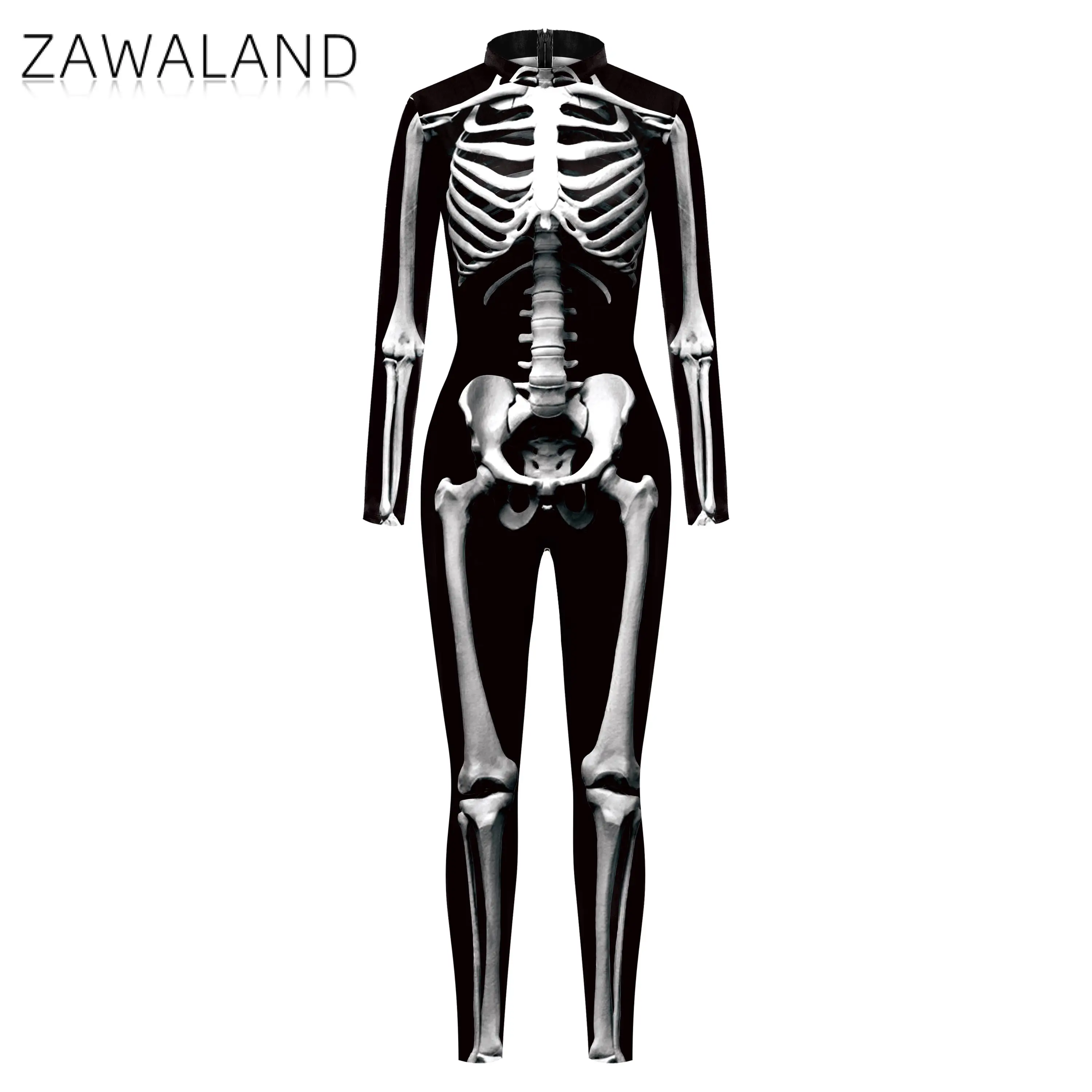 ZAWALAND Halloween Passenden Outfits 3D Skeleton Gedruckt Zentai Cosplay Kostüm Party Eltern-Kind Sexy Spandex Catsuit