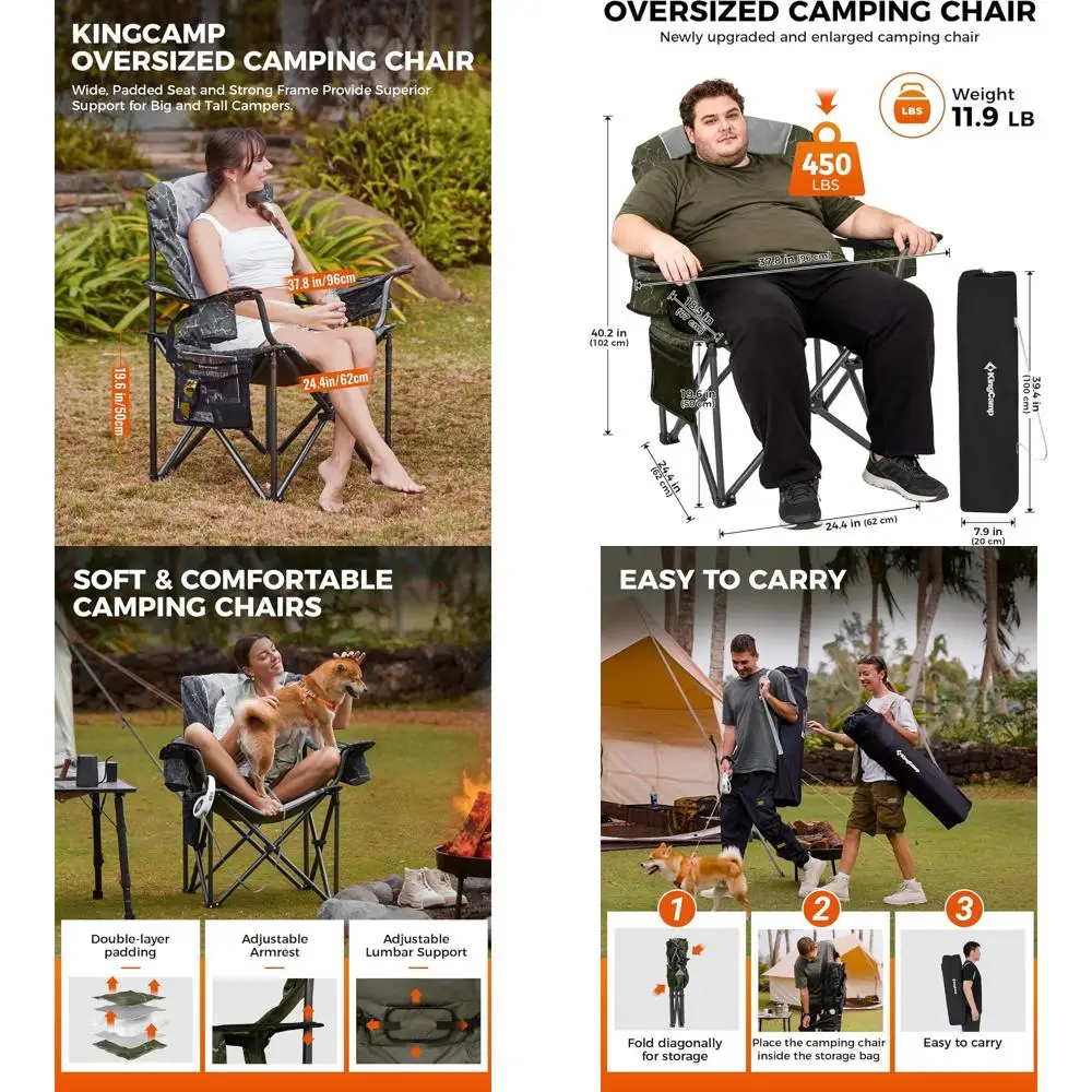 

Oversized Camping Folding Chair, Heavy Duty 450 LBS with Lumbar Support, Padded seat with Cup Holder&Cooler Bag, Ideal for Camp,