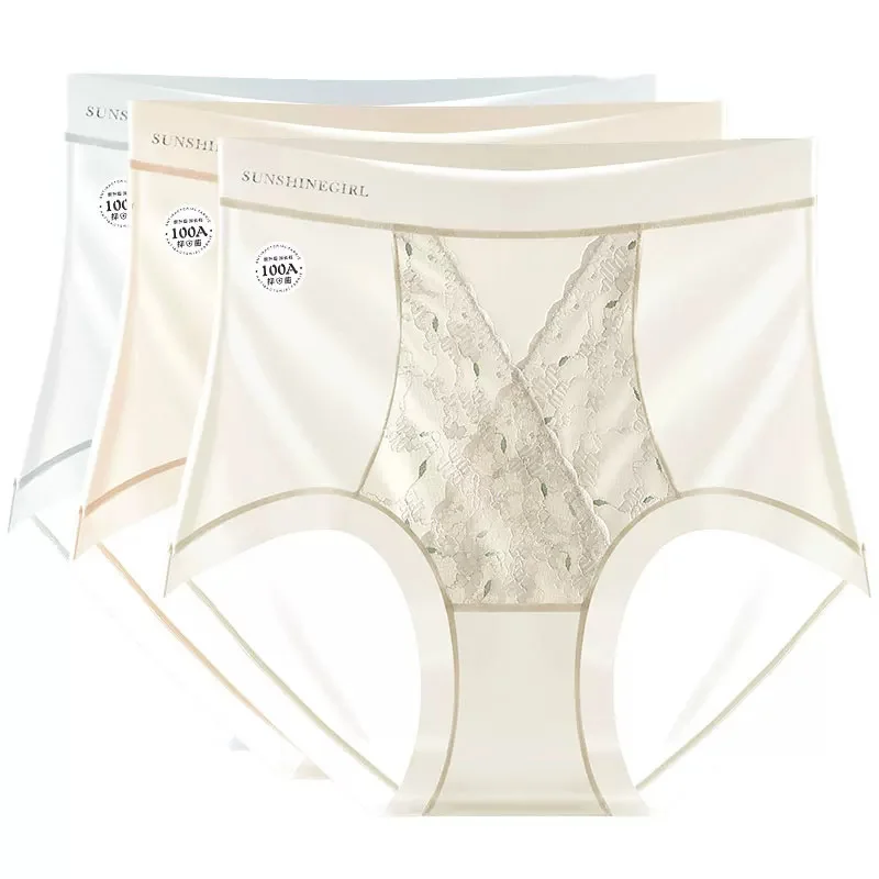 3Pcs/Lot Women's High Waist Chinese Style Lace Briefs 100A Antibacterial Breathable High Elastic Plus Size 7XL Panties