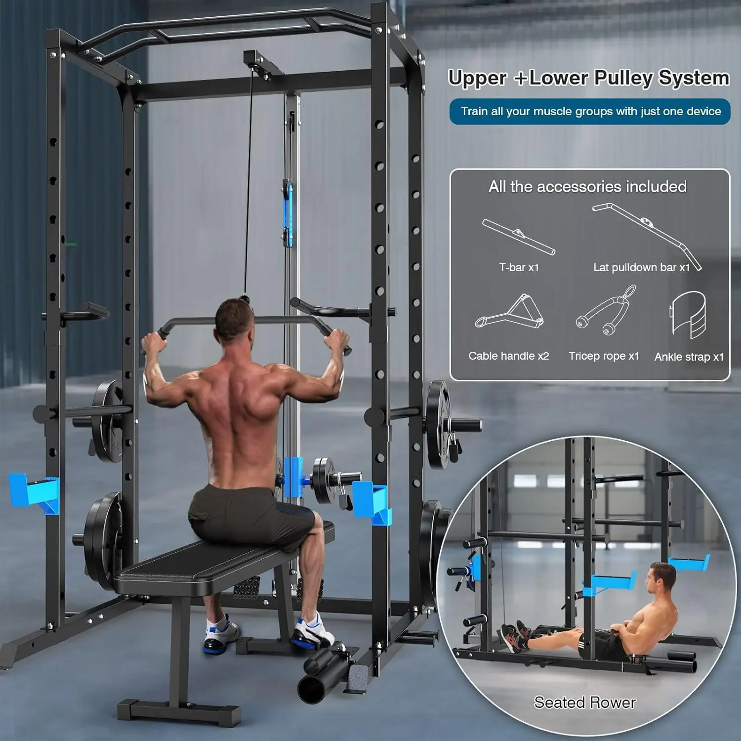 Multi-Functional Power Rack with J-Hooks, Dip Handles, Landmine Attachment and Optional Cable Pulley System