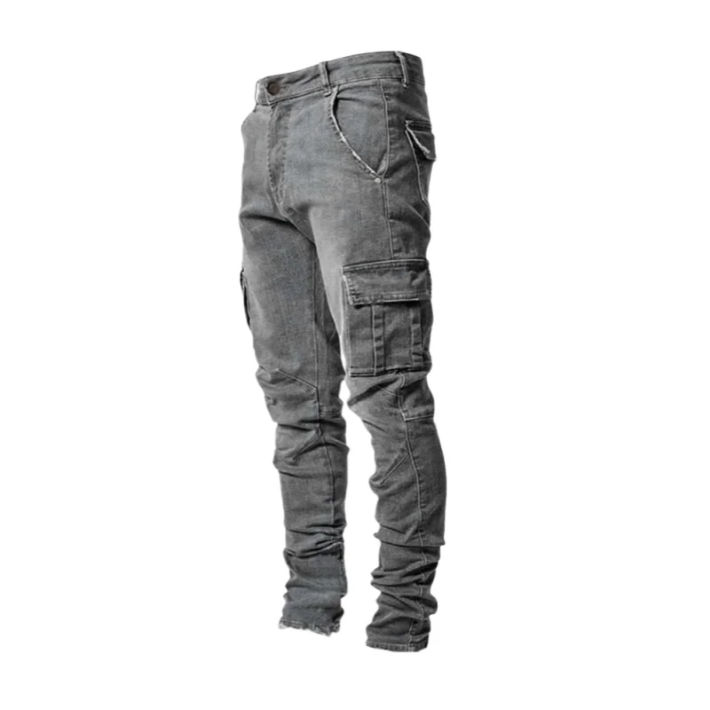 Automne hiver nouveaux vêtements pour hommes couleur unie Stretch multi-sacs pantalons maigres mince minceur Denim Cargo pantalon jean