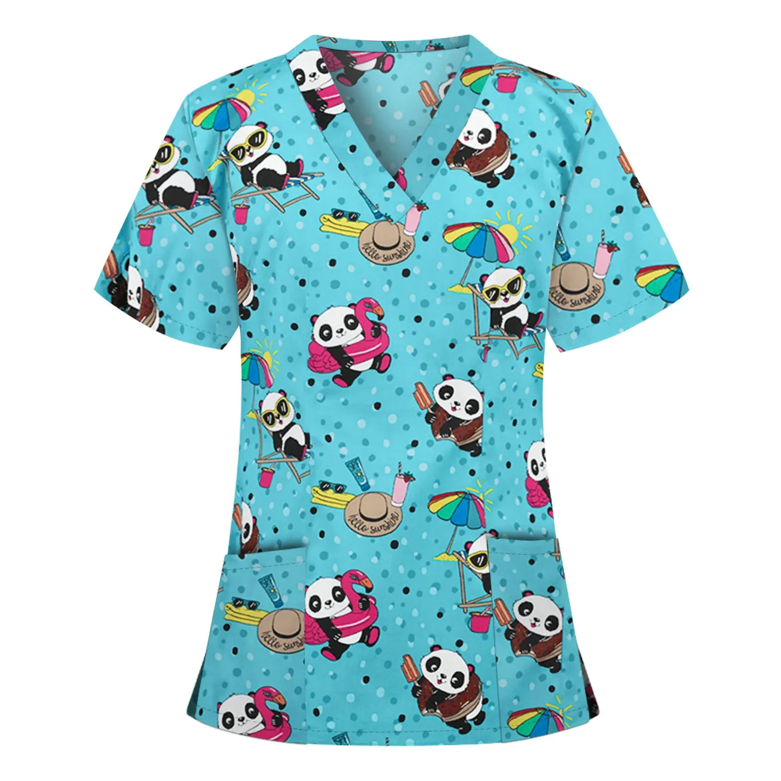 

Panda Print Nurse Uniform Women Scrubs Tops Pullover Short Sleeve Working Blouse Summer Cartoon Nurse Blouse Nursing Uniformes