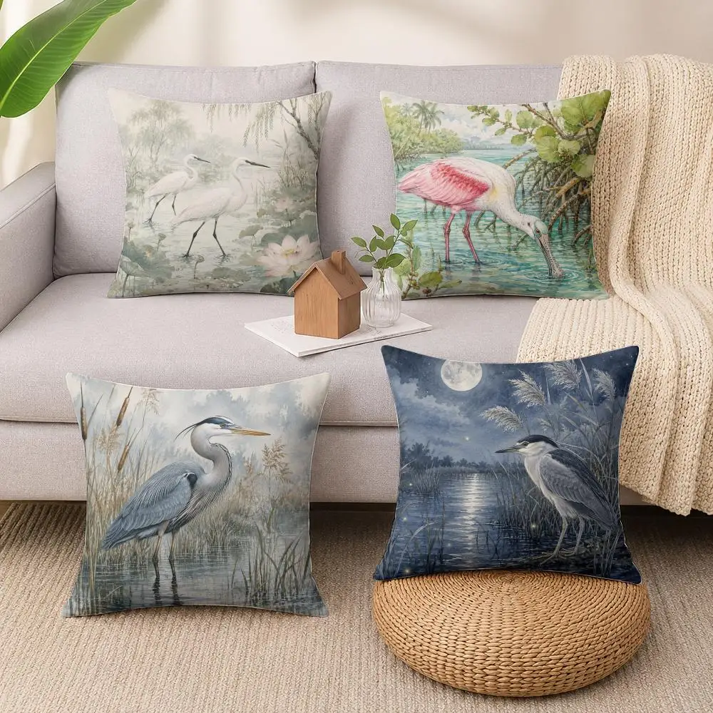 Marsh Heron Watercolor Cushion Cover Luxury Soft Plush Short Fur Cushion Case Warm Cozy Sofa Bed Decorative Home