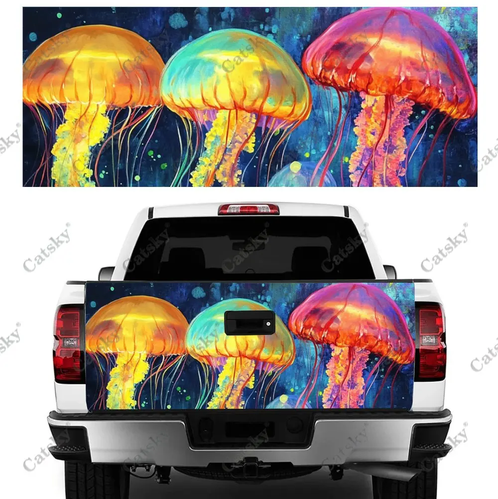 Colorful Glowing Jellyfish Print Car Tail Trunk Protect Vinly Wrap Cover Decal Auto Accessories Hood Sticker for Off-road Pickup