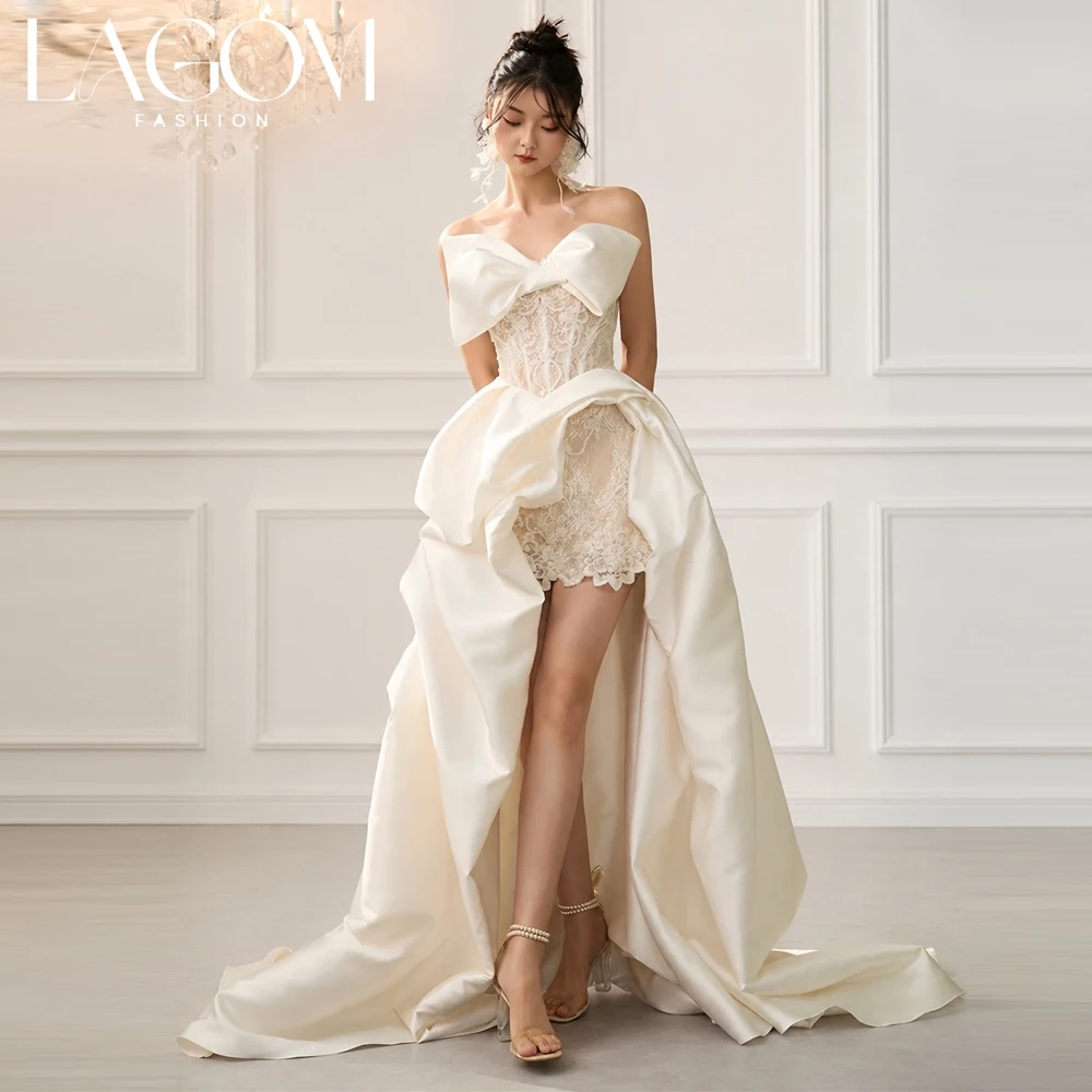 Lagom Elegant Exquisite Strapless Big Bow Wedding Dress Lace Corset Satin Irregular High Slit Train Vestido de novia Customized
