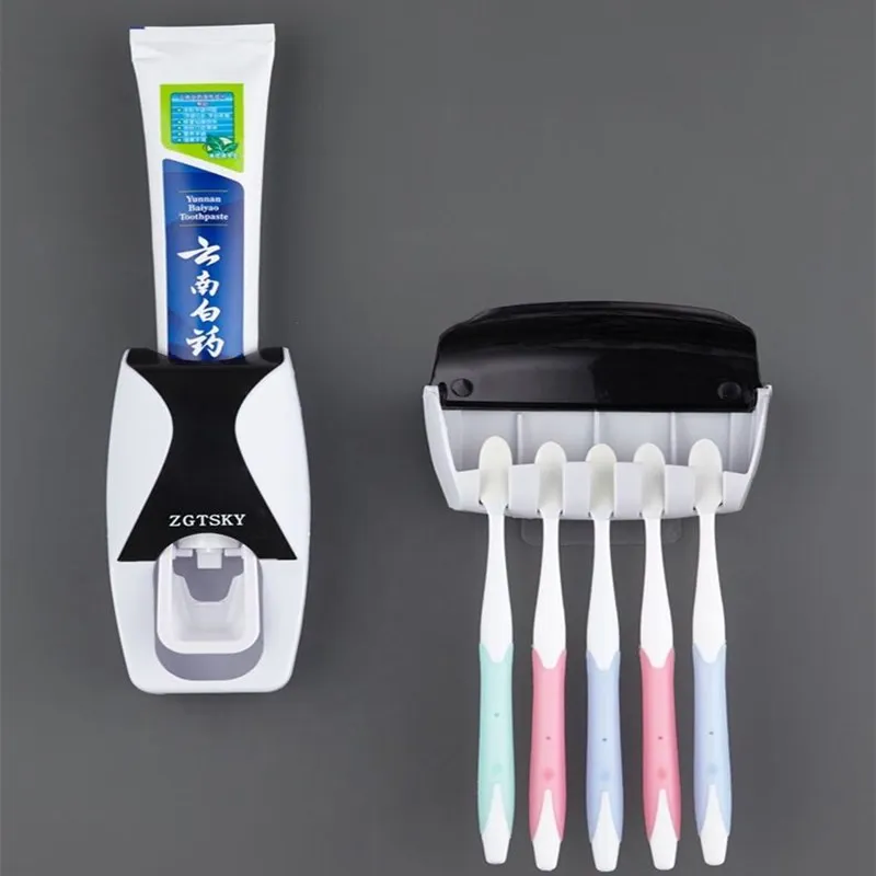 Automatic Toothpaste Dispenser 5pcs Toothbrush Holder Squeezer Bathroom Shelves Bath Accessories Tooth Brush Holder Wall Mount