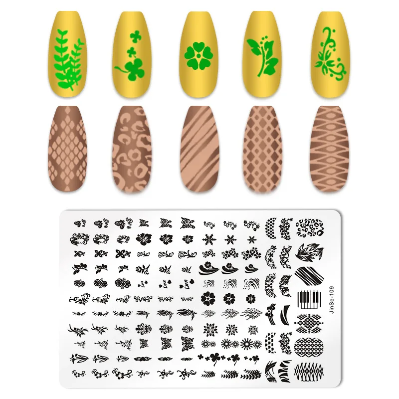 Placa de acero para decoración de uñas, plantilla de transferencia de uñas, flor de primavera, serpiente, rombos geométricos, plantilla de impresión, novedad de 2024