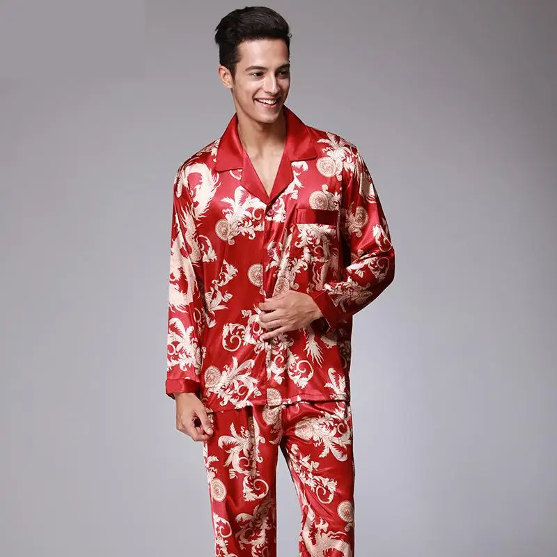 Men's Silk Pajamas Suit Satin Sleepwear Man Night Clothes Set Loose Paisley Printed Pyjamas Set Male