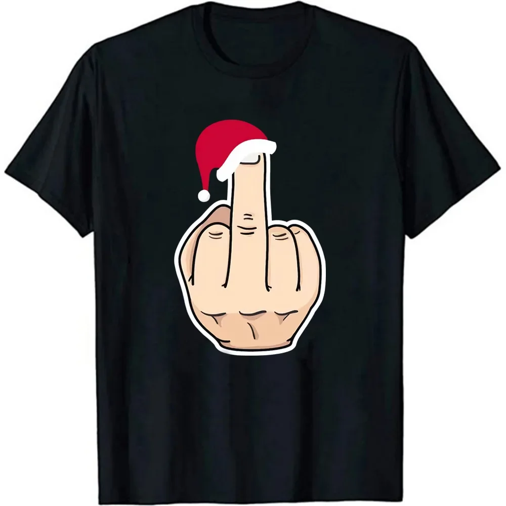 

Santa's hat middle finger printed T-shirts for men and women with short sleeves and O-neck loose T-shirts for women and men.