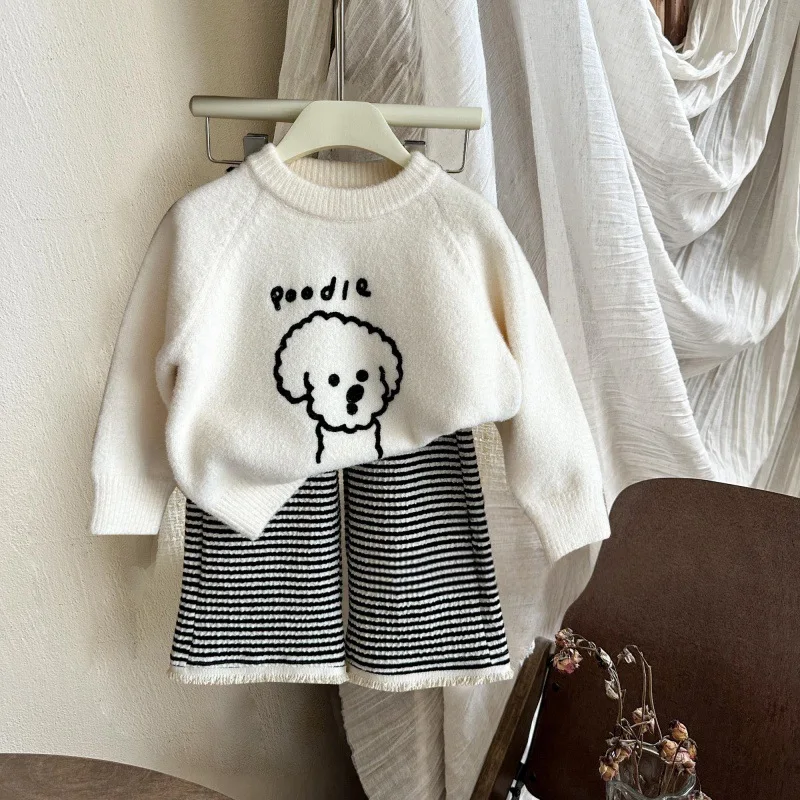 

NL-Girls' Autumn New Cute Cartoon Puppy Knitted Sweater Fashion Striped Frayed Casual Pants Two-Piece Set