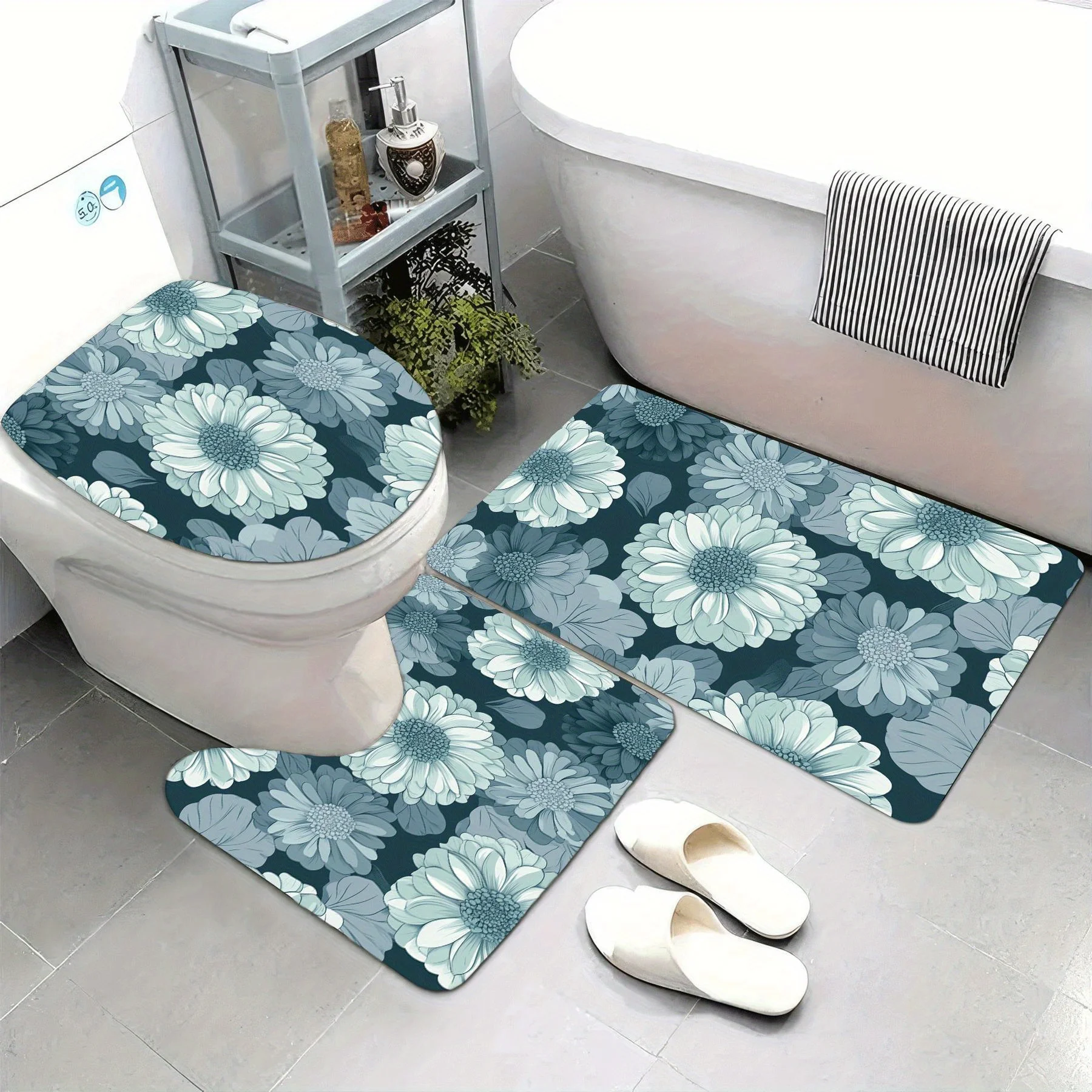 

Набор для ванной комнаты из 3 предметов с зеленым цветочным узором, U-образный коврик, нескользящий коврик, чехол на сиденье унитаза, подходит для декора ванной комнаты.