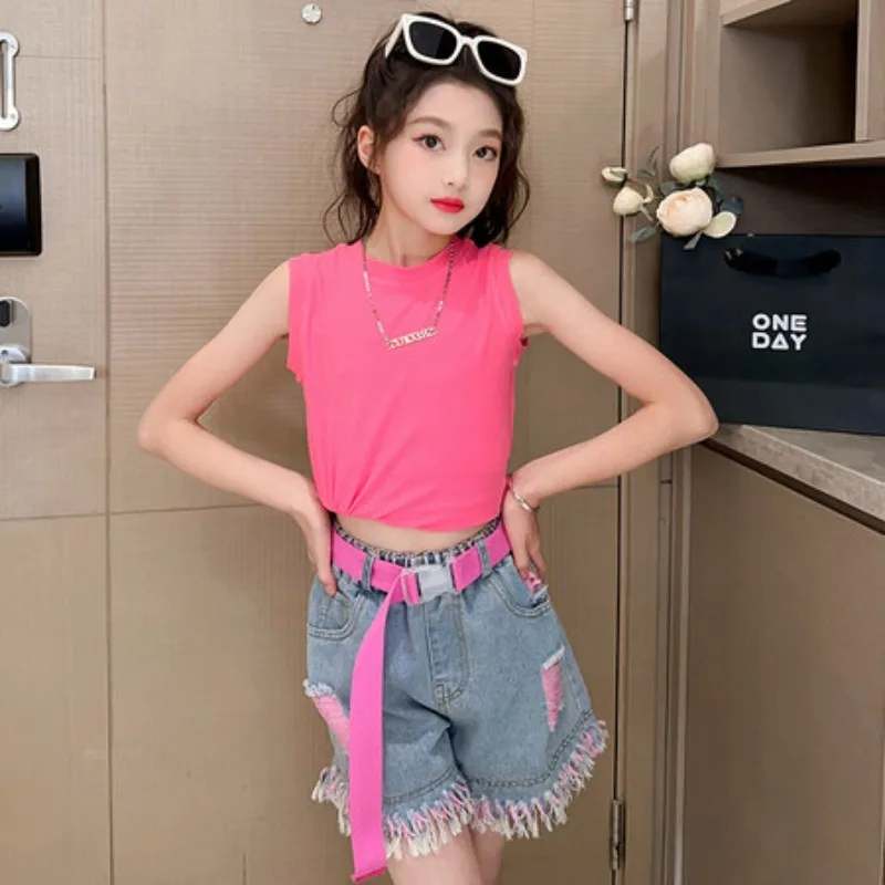 2026 Summer New baby Girls' Tank Top Set Dopamine Girls' Elegant Fashion Denim Shorts Punch Set Trend