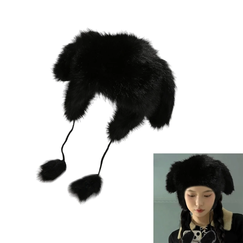 Windproof Plush Rabbits Ear Hat for Winter Furry Earflap Hat Outdoor Headwear Skiing Mountain Climbing Hat Coldproof Caps