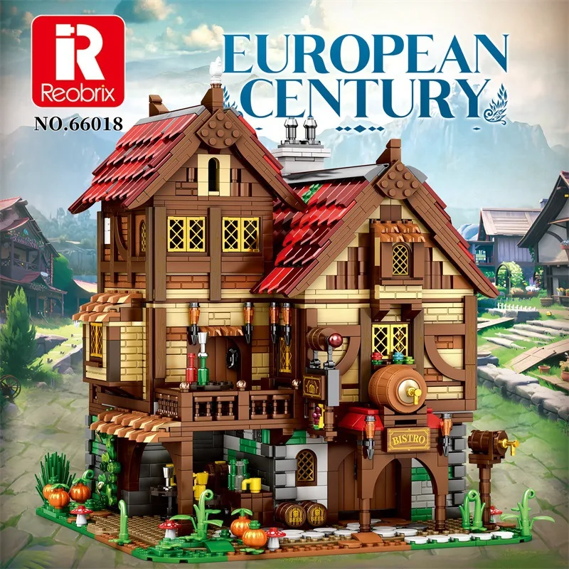 Reobrix 66018 Medieval Bistro Village Model Modular Street View Series DIY Toys Building Blocks Gift For Boys 2831Pcs