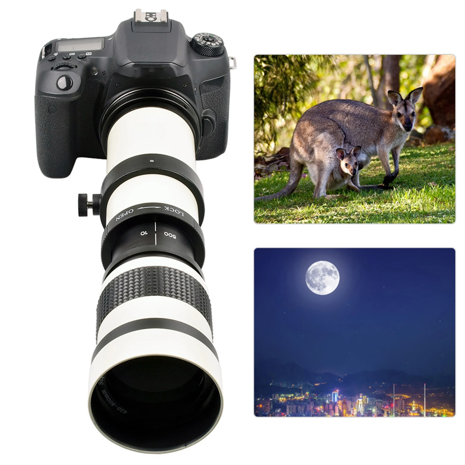 Lens Manual Zoom Lens White 420800mm Aperture F 8.316 Full Manual Focusing Telescope Zoom Telephoto Lens for EF‑S Mount Camera