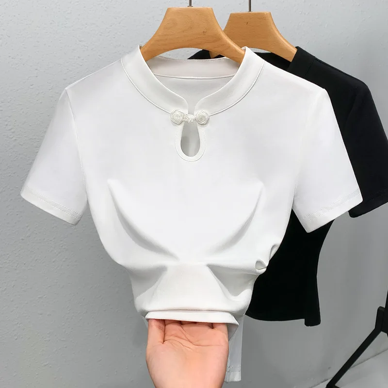 

Женская летняя рубашка с коротким рукавом 2024: Новая винтажная рубашка с пуговицами и вырезами, плиссированный топ нового стиля