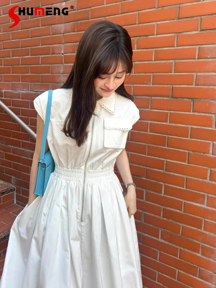 

2025 Japanese New Sweet Lapel Zipper White Long Dress Women's High Waist Slim Elegant Fashion Dress Women's Daily Basic Dress