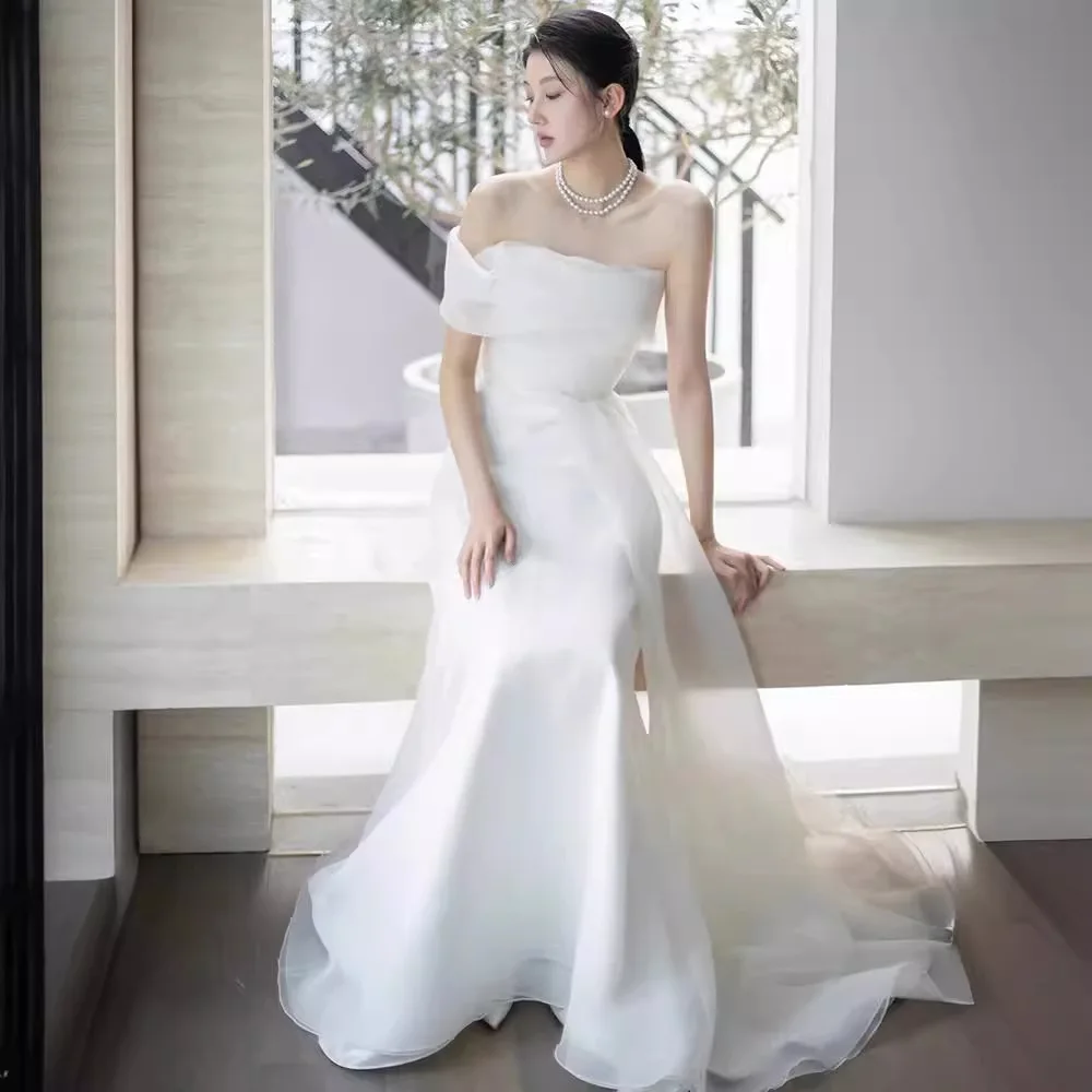 Elegante fora do ombro coreia uma linha vestidos de casamento em camadas organza vestido de noiva fotos personalizadas sessão plissado vestido de festa de noiva