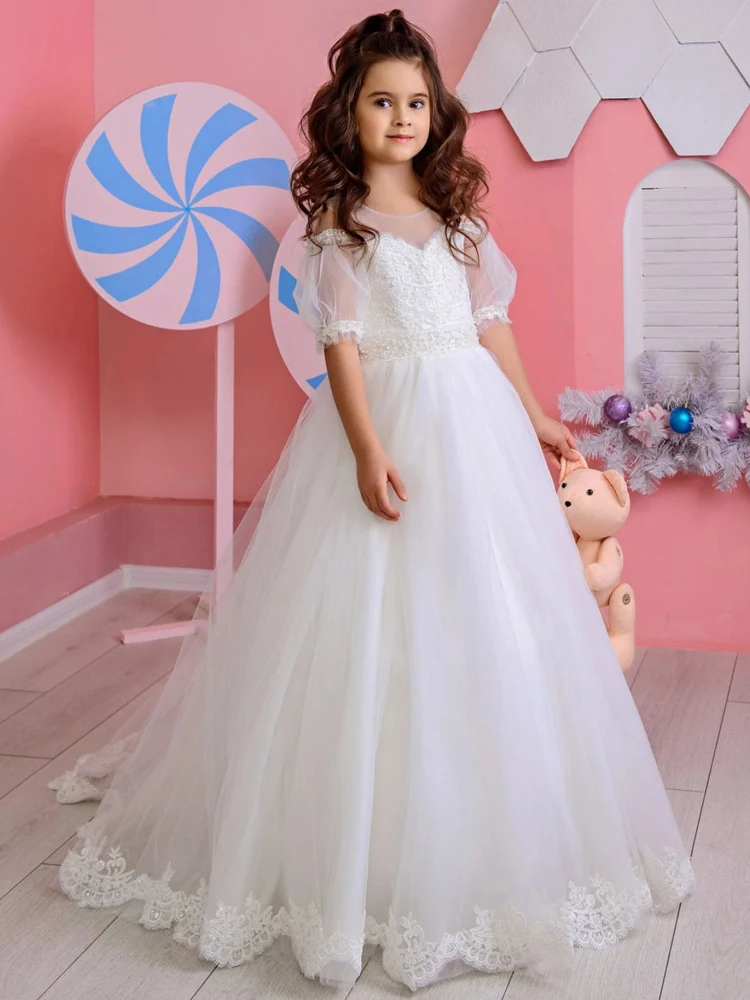 Vestido branco flor menina com pérolas de tule e apliques, manga curta, casamento, aniversário, banquete, festa, vestidos de primeira comunhão