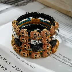 Luxury Zircon Skull Hand Braided Bracelet For Men Women Copper Beads Classic Metal Adjustable Handmade Chain Bangle