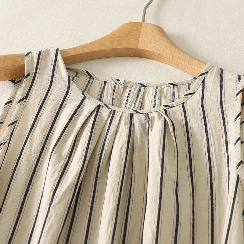 المرأة الصيف بوهو نمط مخطط طباعة أكمام القطن فستان كتان مطوي س الرقبة مستقيم البيج ميدي فستان طويل جيب حزام #3