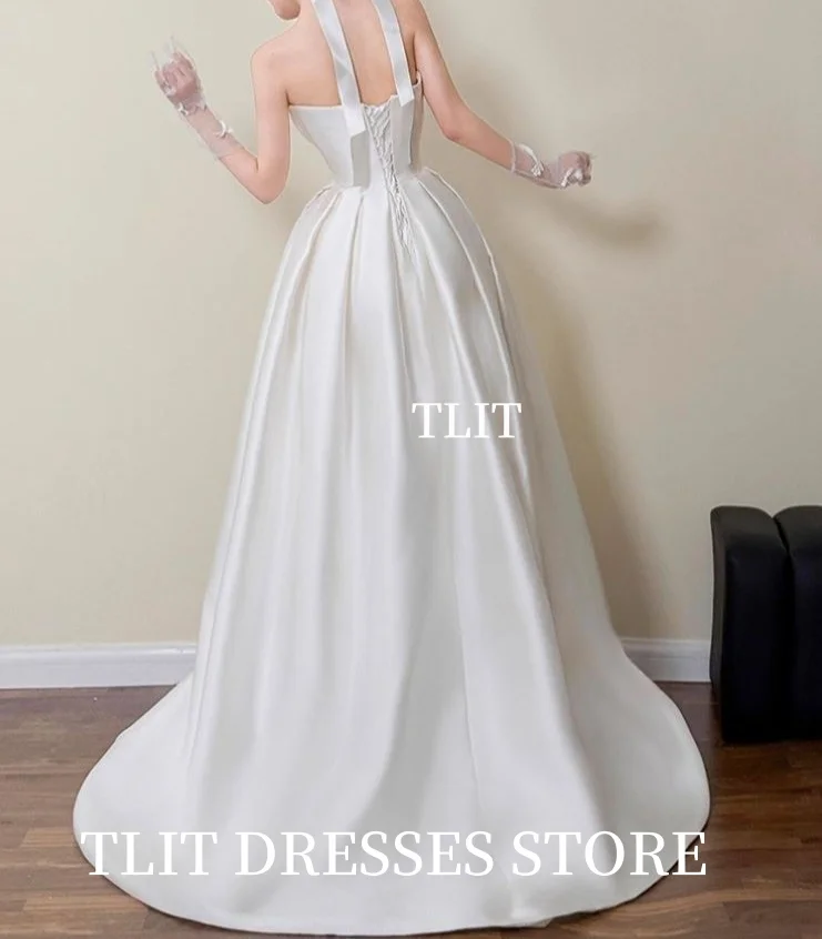 Tlit elegante branco seda cetim vestidos de noite personalizado sem alças arco decoração vestidos de baile coreia vestidos de casamento sessão de fotos