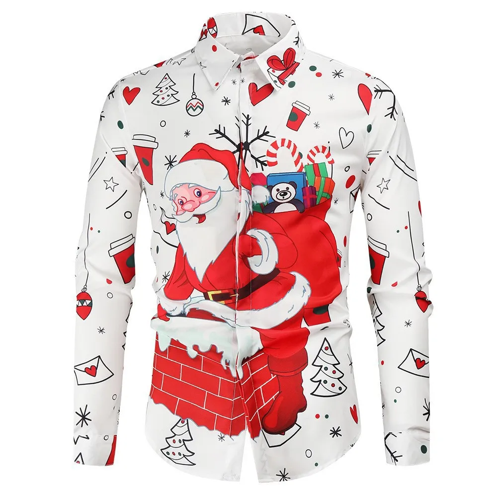 2025 New 3D Printed Christmas Trendy Design Pattern Men's Collar Button Fashion Men's Long Sleeve Comfortable Large Size Shirt T
