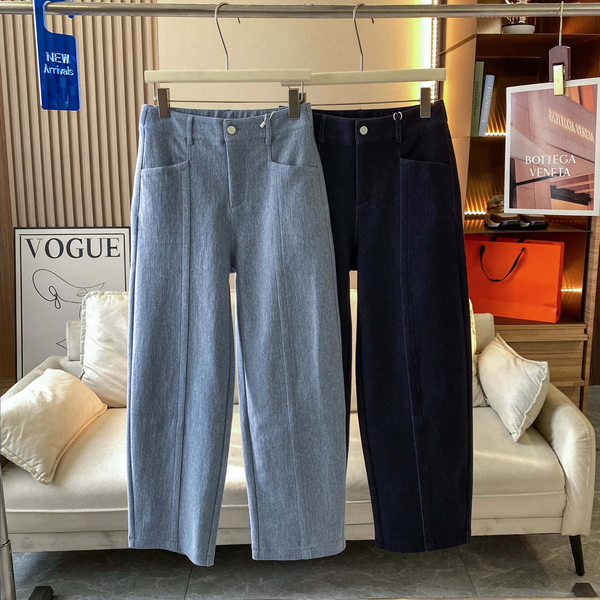 

Retro High Waist Mixed Fiber Curved Knife Jeans Women's Autumn Winter Denim Casual Style Four-Sided Elasticity Goods