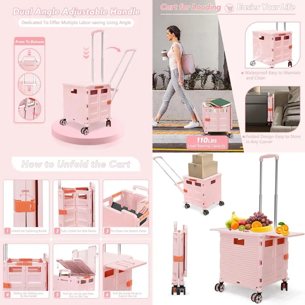 

Adjustable Rolling Handcart with Telescoping Handle and Rotating Wheels for Shopping and Office Supplies (Pink)