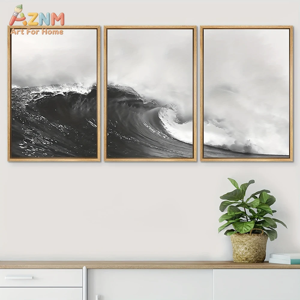 3pcs AZNM Black And White Ocean Wave Seascape Canvas Wall Art, Minimalist Nordic Sea Natural Scenery Poster, High Contrast Aesth