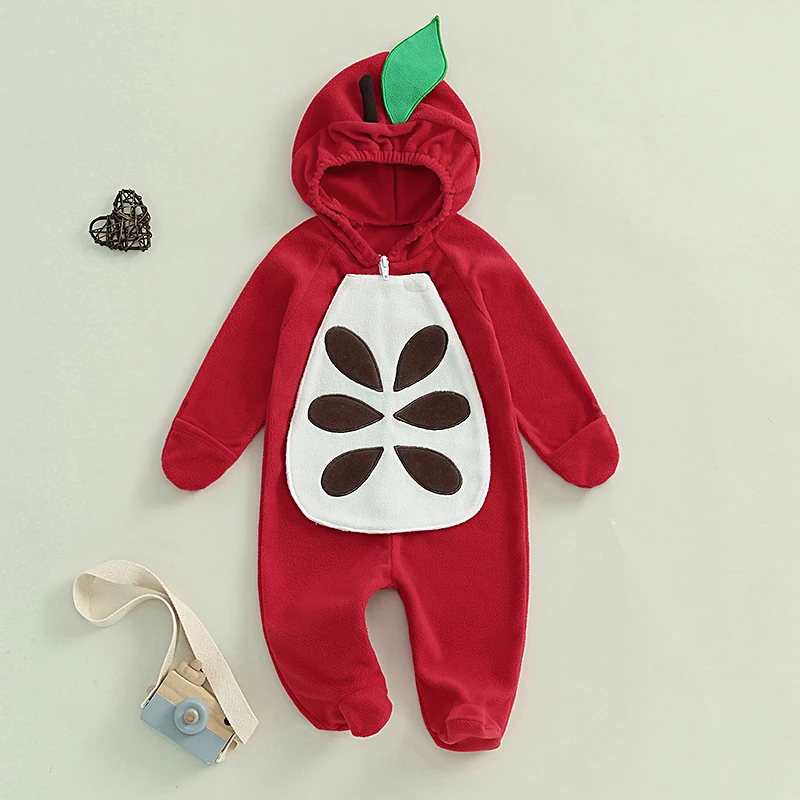 

Baby Girls Boys Footies Romper Apple Shaped Hooded Long Sleeve Jumpsuits Fall Casual Clothes Infant Bodysuits