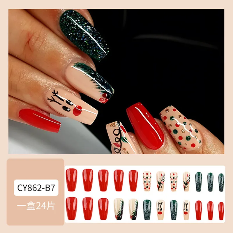 24 szt. Długie, kwadratowe sztuczne paznokcie - Świąteczne renifery z zielonym brokatem, czerwono-złoto-zielone kropki, motyw choinki, świąteczny wzór