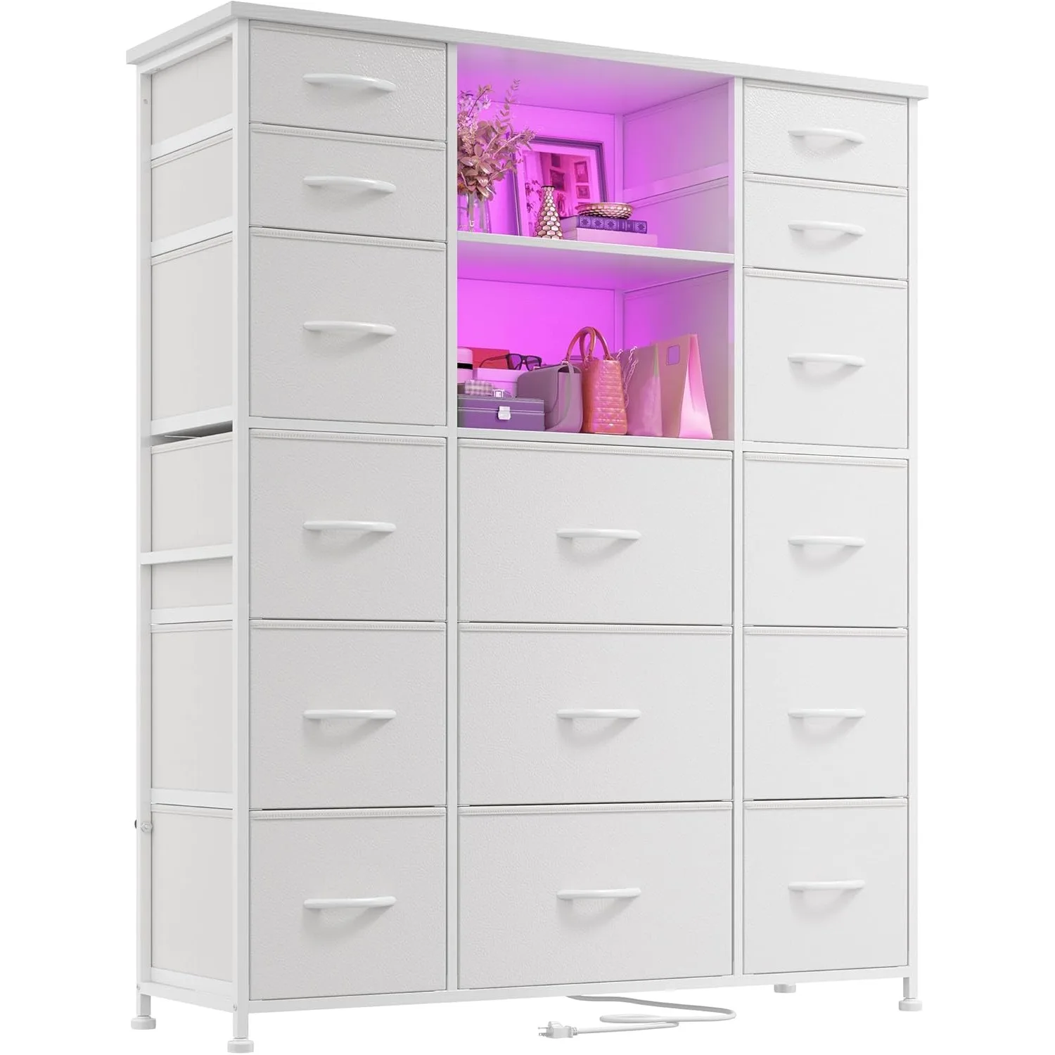 White Tall Dresser with 15 Drawers Dresser for Bedroom with Charging Station LED Lights Hutch Sturdy Bedroom Dresser Steel Frame