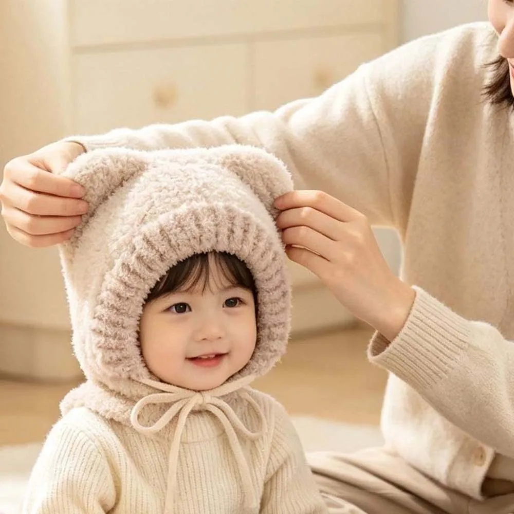 Thickened Hooded Scarf Hat Knitted Integrated Kids Winter Beanie Cute Windproof Thick Warm Balaclava School