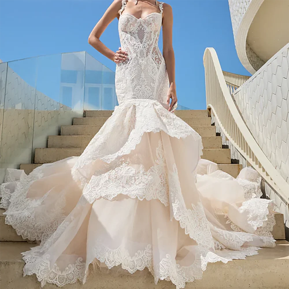 Luxo querida renda sem mangas em camadas sereia vestidos de noiva vestidos de noiva personalizados