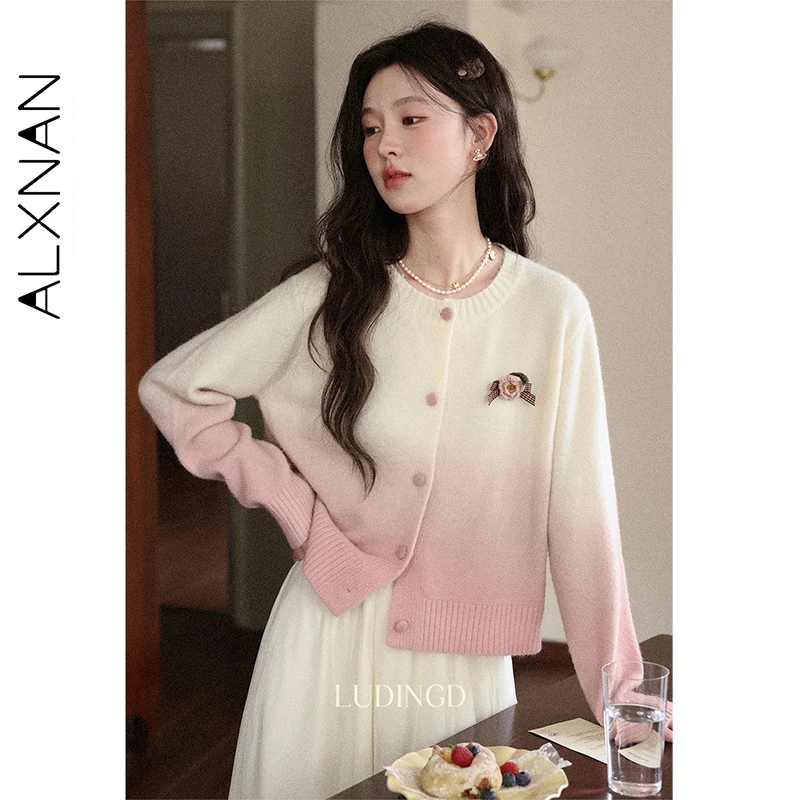 ALXNAN bleu Cardigan femmes col rond 3d fleur dégradé couleur pull 2025 automne doux décontracté à manches longues tricoté hauts L57212-1