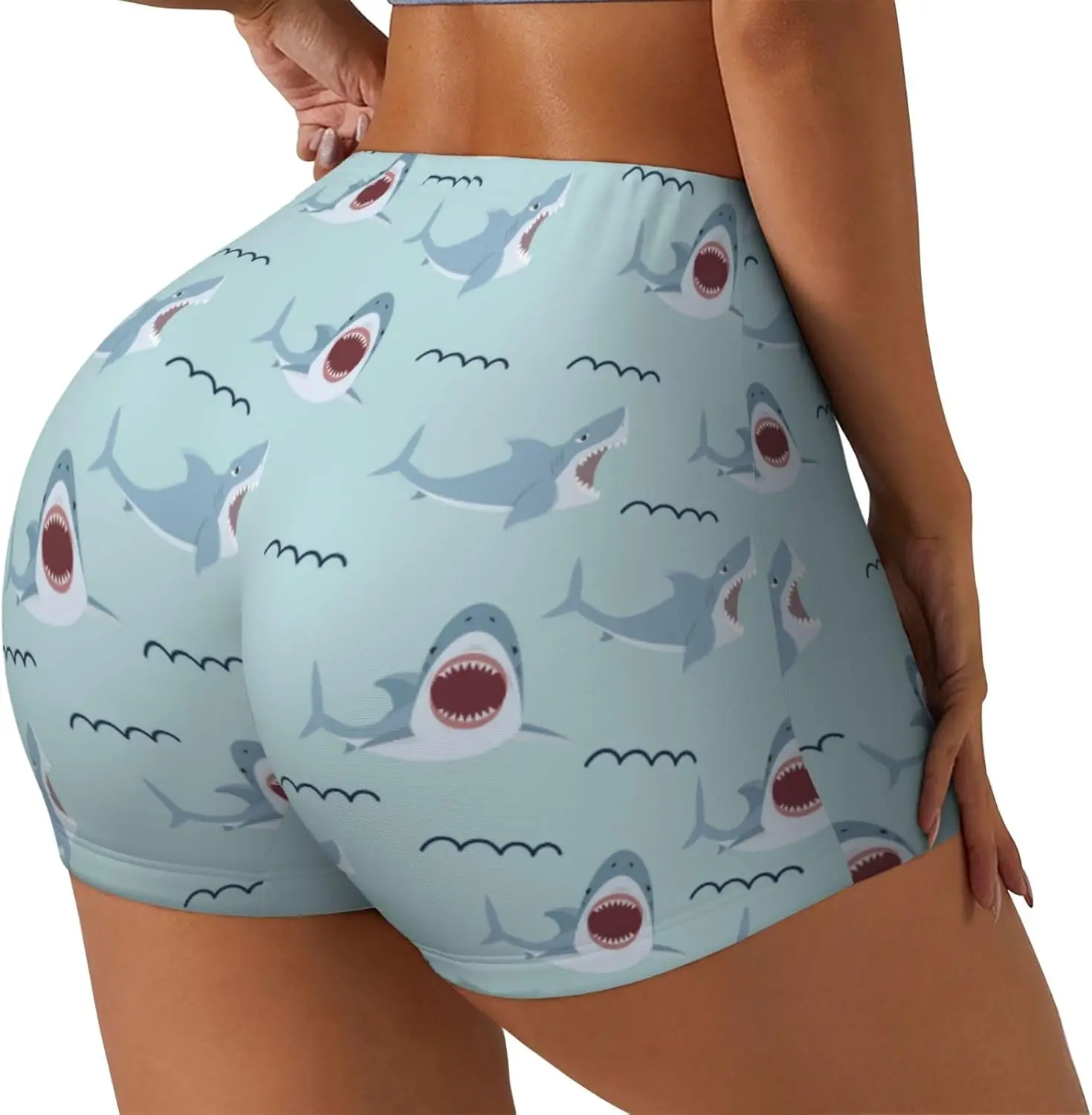 Urocze szorty sportowe damskie z motywem rekina, elastyczne spodenki do jogi, na rower, do biegania i na siłownię.