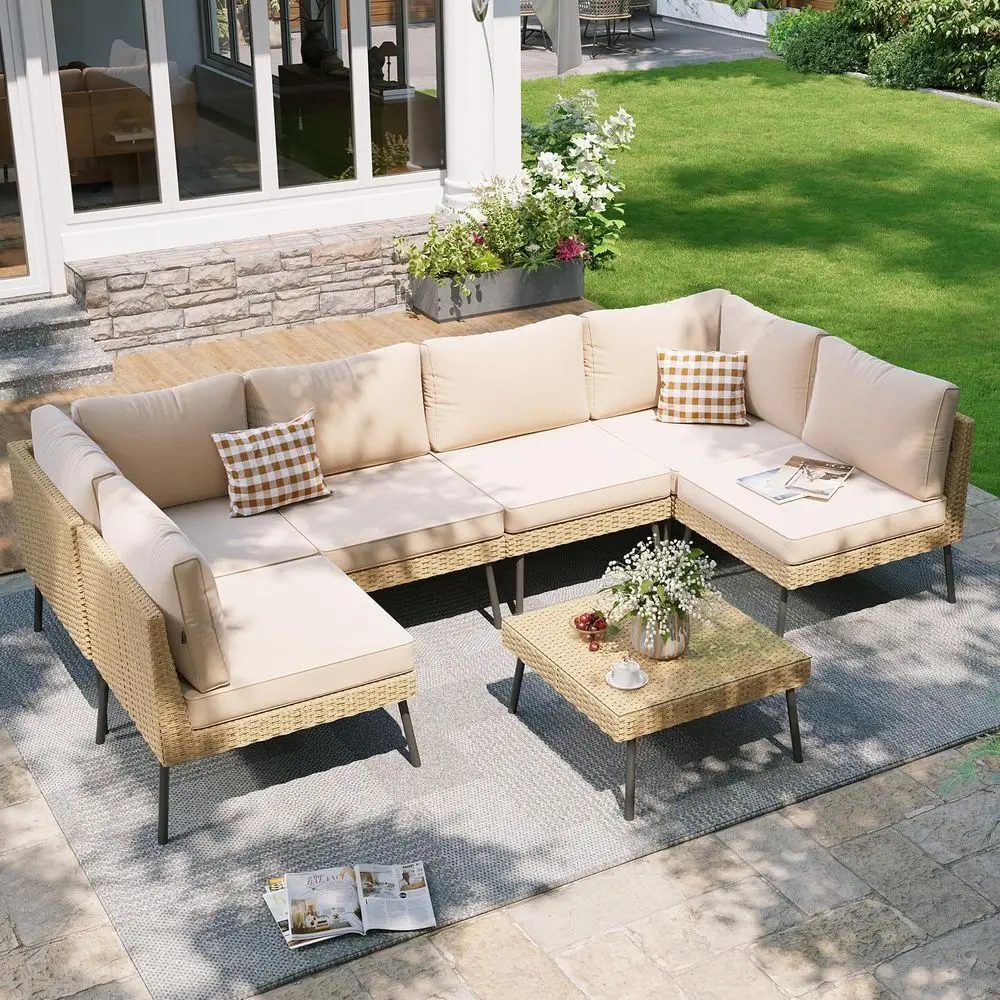 

7Piece Patio Furniture Set, Wicker Outdoor Furniture with Water Resistant Thick Cushions, Patio Conversation Set Outdoor Sectio
