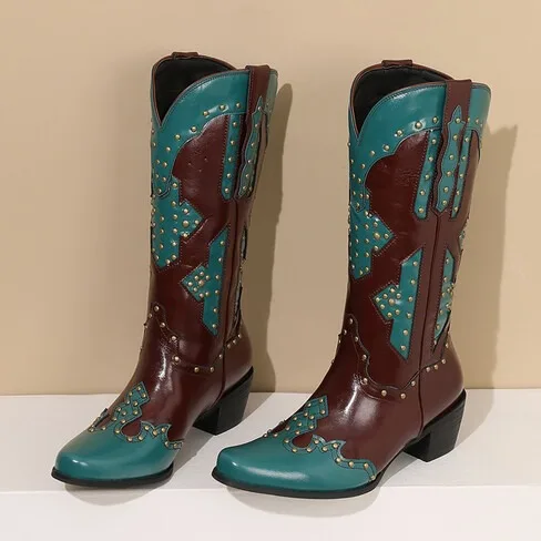 Vintage Colorblock Rivet Mid-Calf Cowboy Boots Wide Circumference Western Slip-On Botines Pointed Block Heel Leather Women Botas