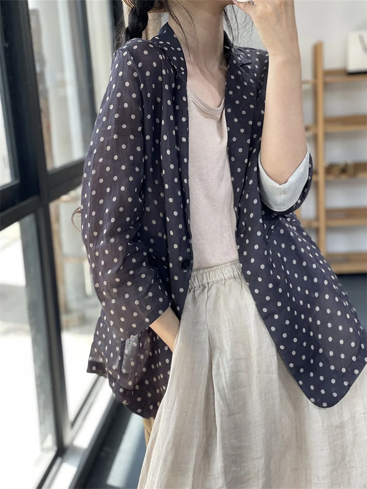 Oversize corea estate Vintage a pois donna cotone lino Blazer cappotto moda donna Casual grande formato Cardigan con stampa allentata