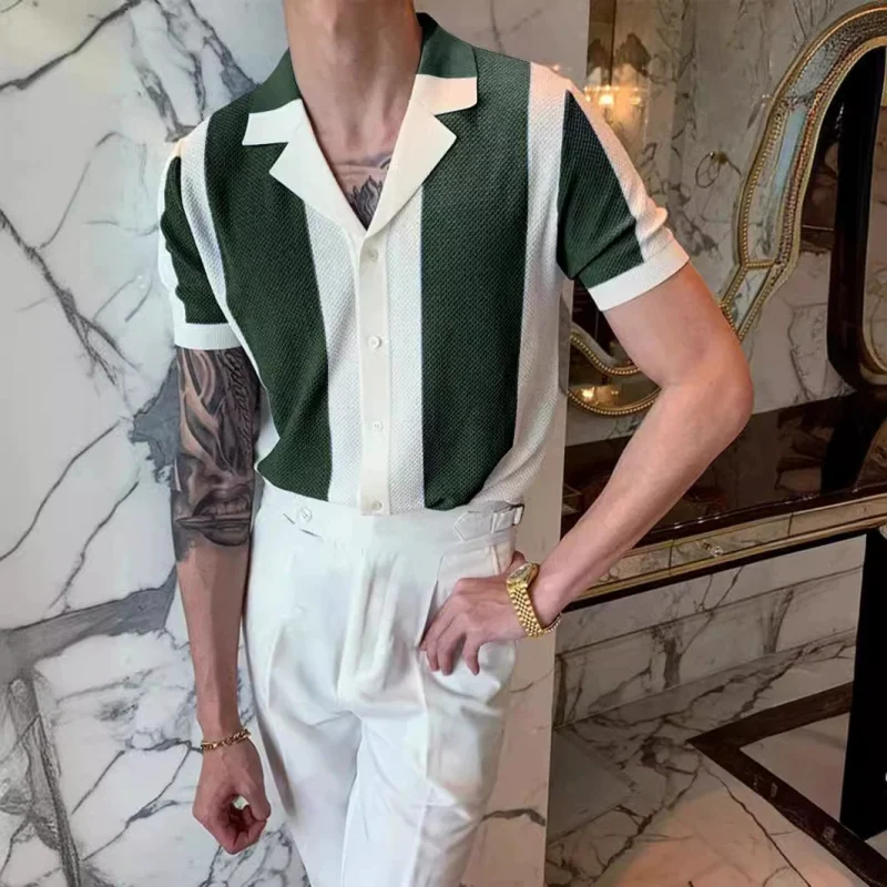 Summer Light Mature Color Block Short Sleeve Shirt Men'S British Korean Version Knitted Base Shirt Men'S Top