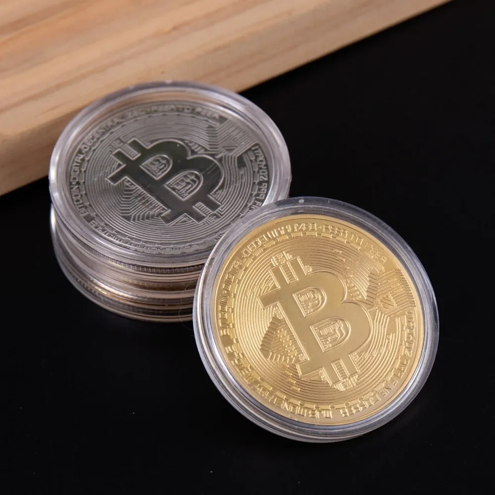 Silver Plated Bitcoin Commemorative Coin Physical BTC Crypto Collectible Metal Souvenir With Plastic Case For Hobby Gift Decor