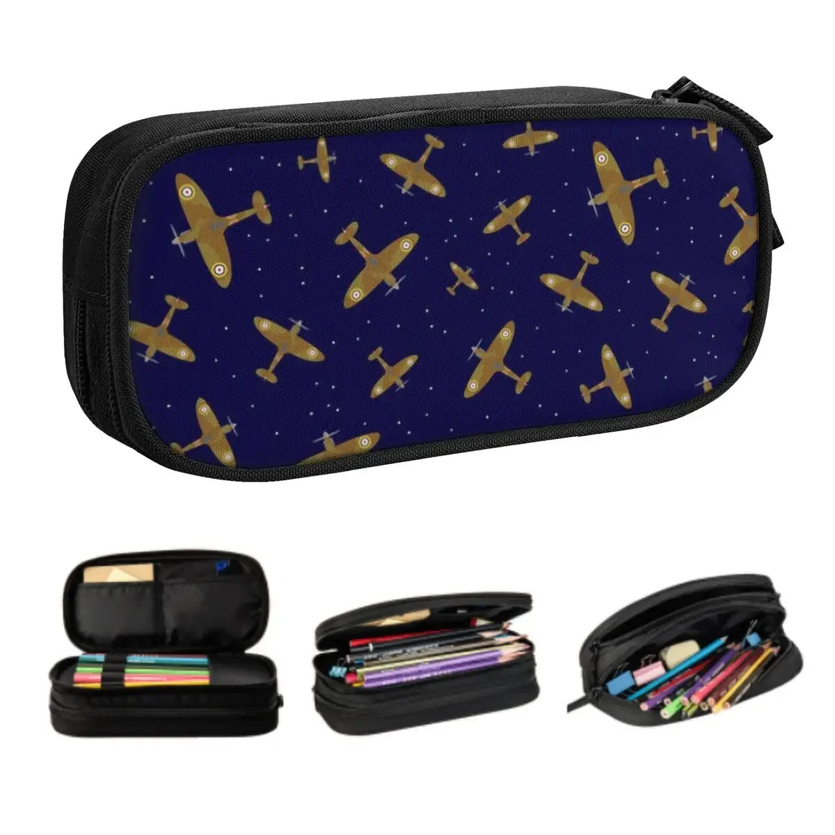 Custom Spitfire War Planes In Flight On Navy Blue Korean Pencil Case Large Capacity Fighter Pilot Pencil Box Students Stationery