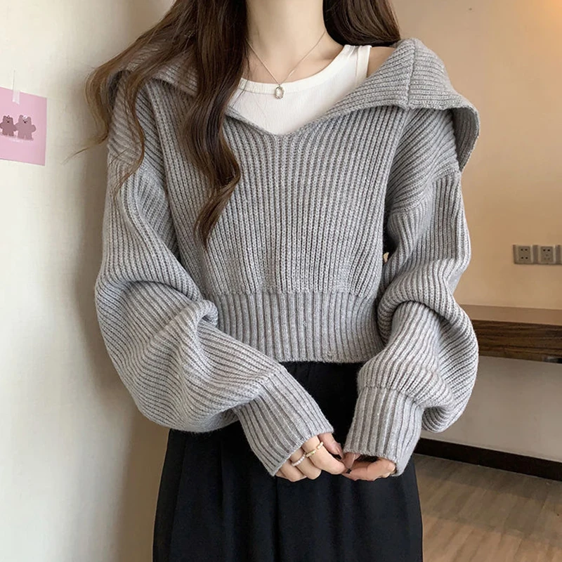 Rimocy Turn Down Collar Cropped Sweater Women Autunm Winter Long Sleeve Knitted Jumper Woman Korean Style Solid Color Jerseys