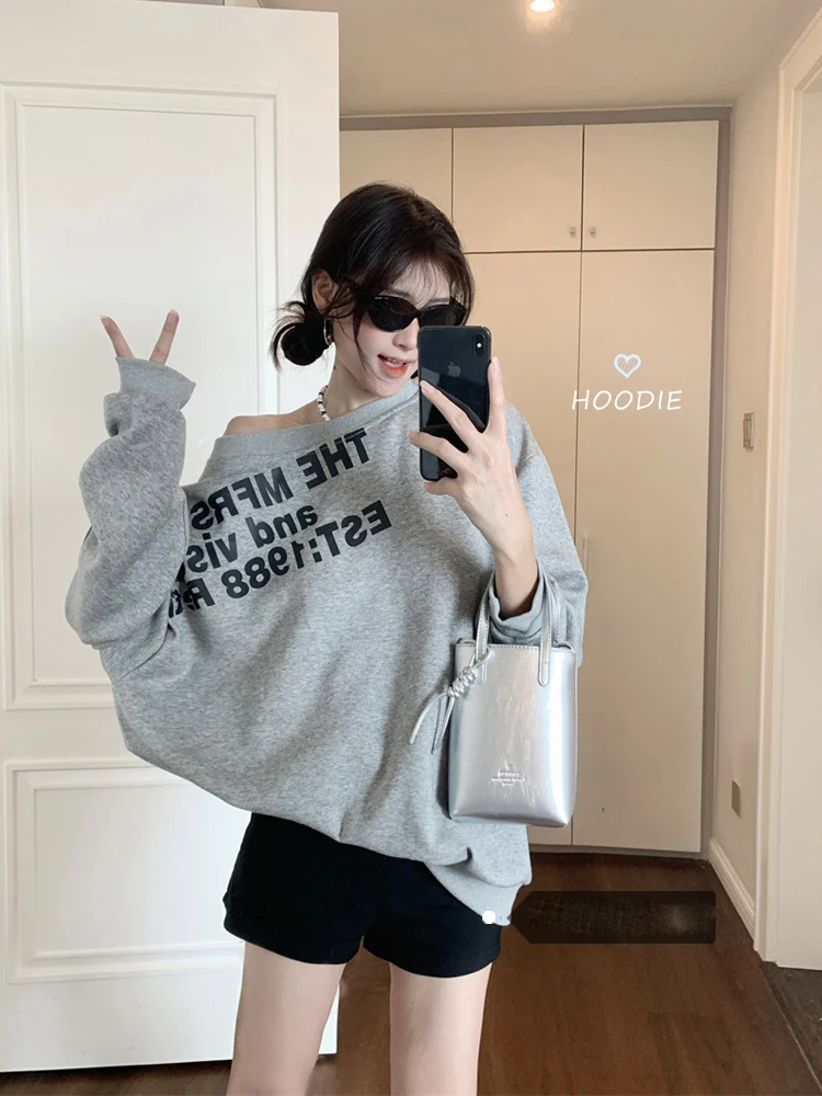 Womens Clothing Grey Vintage Street Sweatshirt Hoodie Letter Printing Long Sleeves Casual Warm Oversize Baggy Ladies Tops Autumn