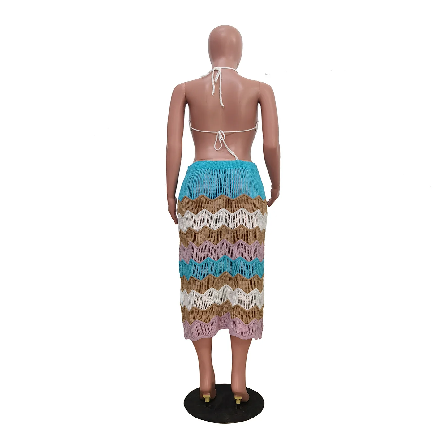 Two Piece Sets Women Skirt V Neck Matching Sets Dress Sets Knitted Hollow Out Tops Long Skirts High Waist Beach Y2k Streetwear